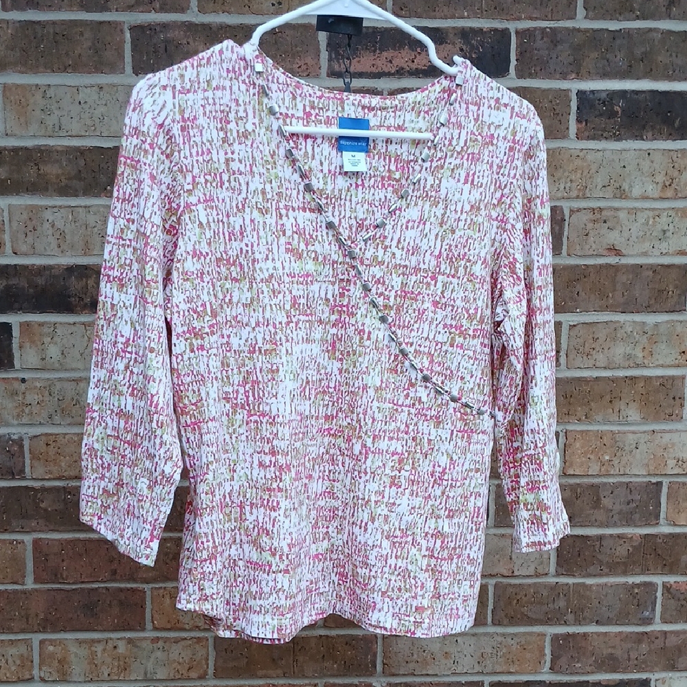 🧡Pink and White Smocked Tie Front Blouse